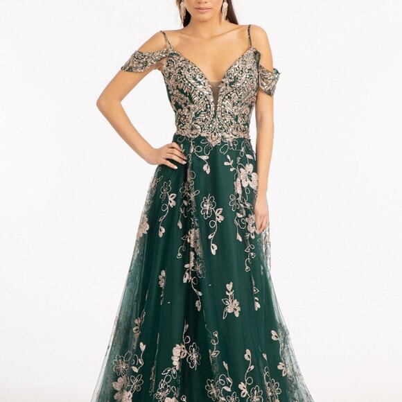 NEW EMERALD Illusion V-Neck Embroidered Mesh A-line Dress w/ Open V-Back GL3070